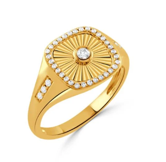 Women’s wedding and engagement rings-0.20Ct Diamond Fluted Halo Ring in 18k Yellow Gold, Size 6.5