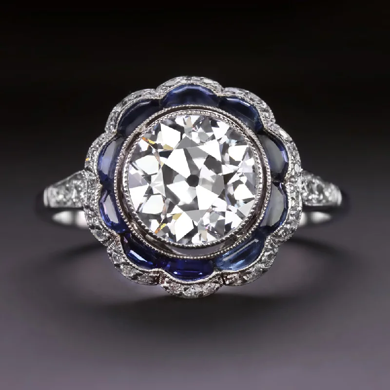 Women’s simple engagement rings-2 CARAT OLD EUROPEAN CUT DIAMOND SAPPHIRE RING PLATINUM VINTAGE STYLE SCALLOPED