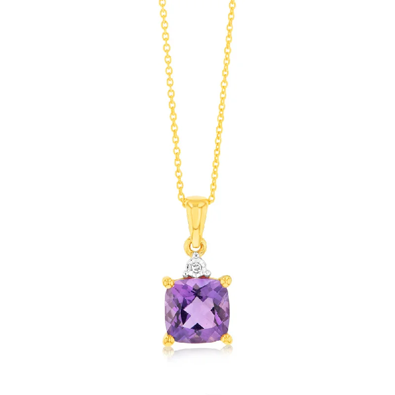 Women’s rose gold necklaces-9ct Yellow Gold 1.4ct Amethyst and Diamond Pendant