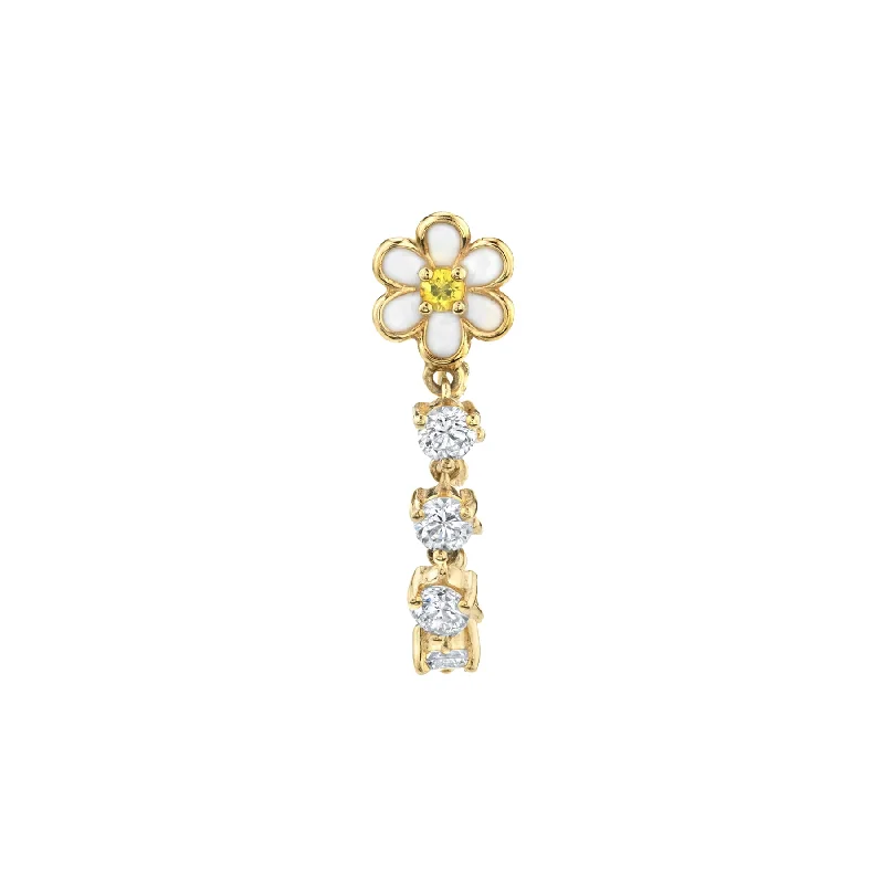 Women’s gold drop earrings-Flower Stud and Chain Earring - White Diamond, Yellow Sapphire and White Enamel / 14k Yellow Gold