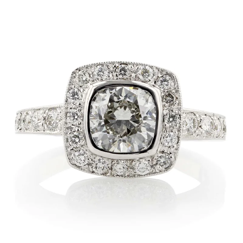 Women’s gold engagement rings-14K WHITE GOLD RADIANT DIAMOND=1.07CT AND 33 DIAMONDS=1.45CT HALO RING GIA SIZE 4