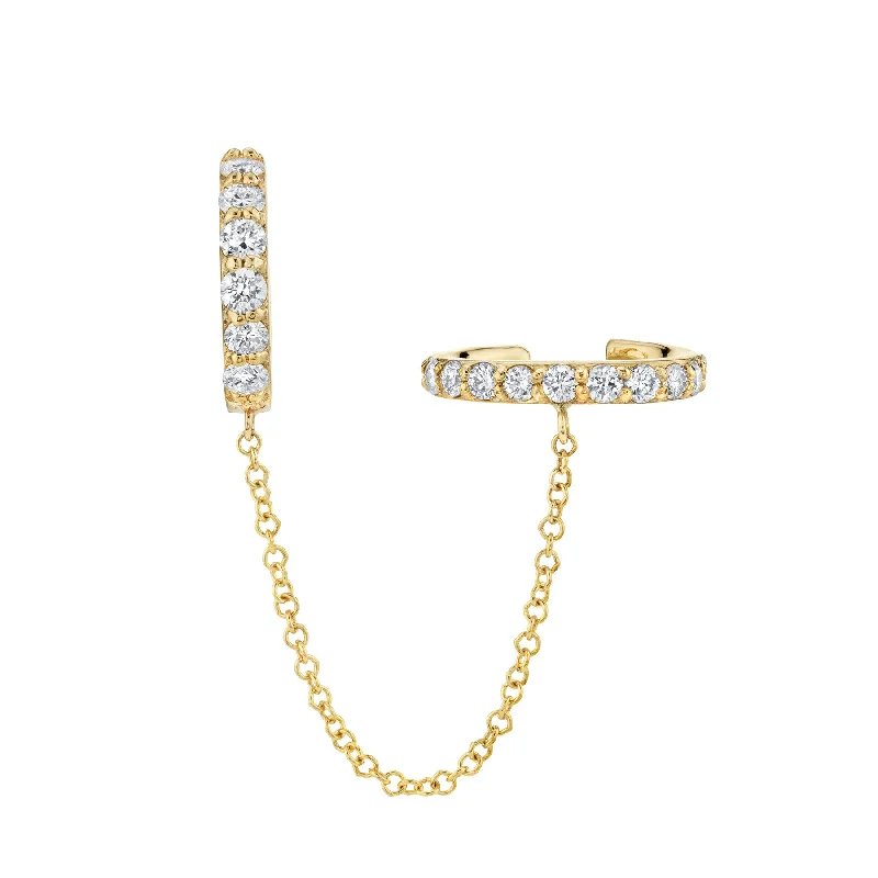 Women’s gold drop earrings-Biggie Connected Hoop And Cuff Earring - White Diamond / 14k Yellow Gold