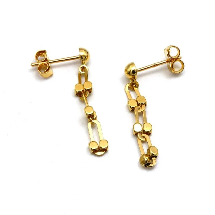 Women’s engagement earrings-Real Gold Paper Clip GZTF 3 Beads Hanging Earring Set 1294/2 E1839