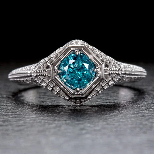 Women’s classic engagement rings-BLUE DIAMOND VINTAGE STYLE RING 14k WHITE GOLD ROUND CUT ART DECO FILIGREE TEAL