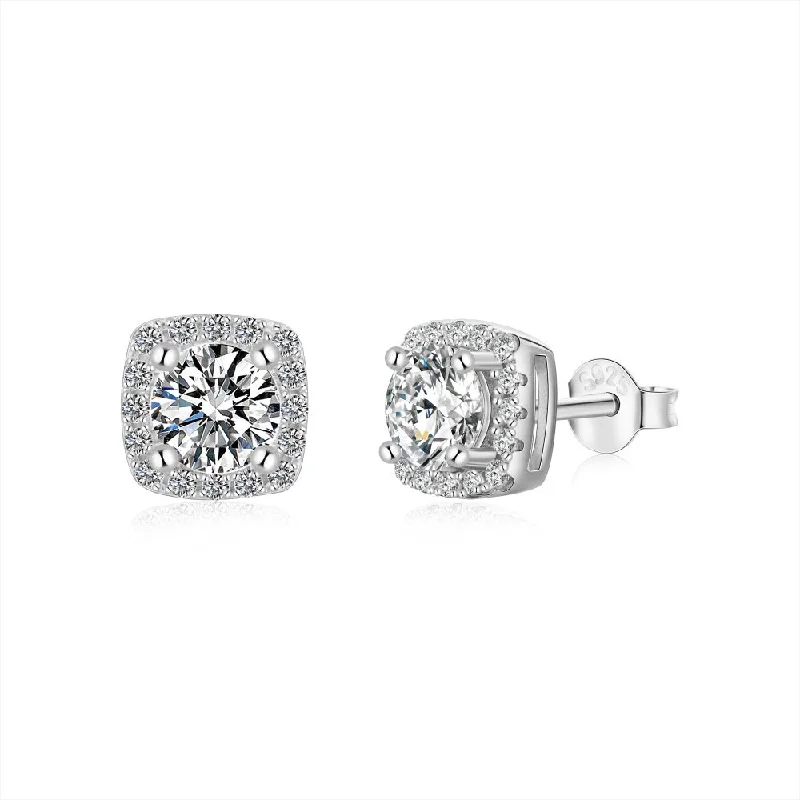 Women’s elegant diamond earrings-Diamond Square Halo Earrings | S925 | CZ