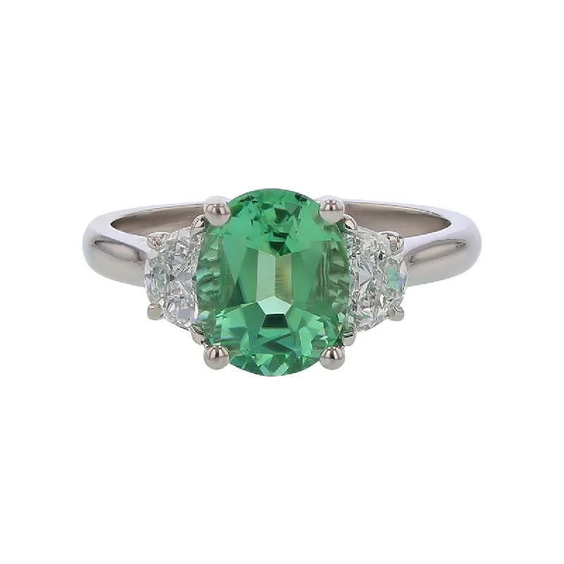 Women’s sapphire halo engagement rings-2.26ct Oval Brazilian Mint Green Tourmaline and 0.50ct Half Moon Diamonds Three Stone Ring in 18k White Gold Size 6.5