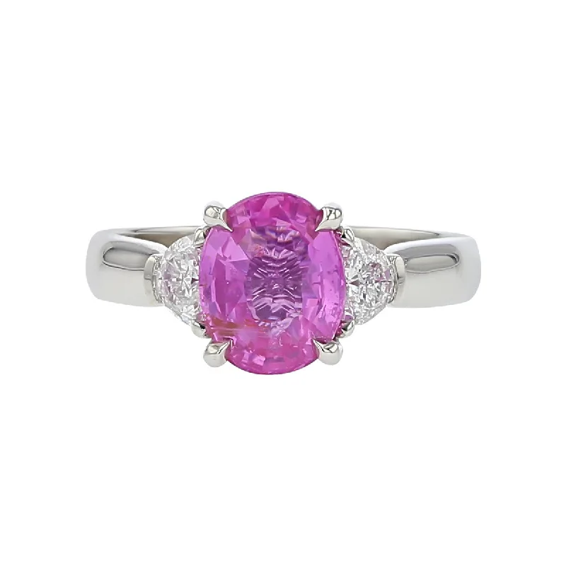 Women’s platinum diamond engagement rings-Madagascar Pink Sapphire and Half Moon Diamond 3-Stone Ring