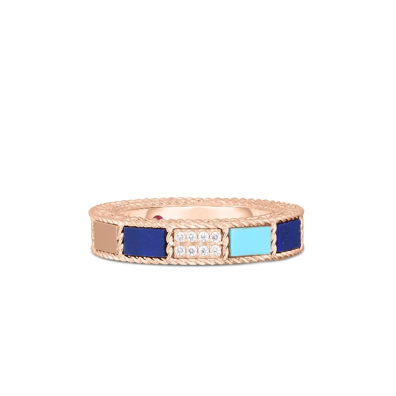 Women’s princess cut engagement rings-0.03Ct Diamond, Blue Lapis and Turquoise Mosaic Ring in 18k Rose Gold, Size 6.5