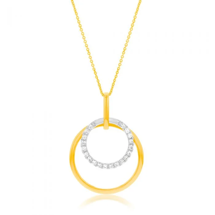 Women’s birthstone necklaces-Flawless Cut 1/5 Carat Diamond Circle Pendant in 9ct Yellow Gold & White Gold + Chain