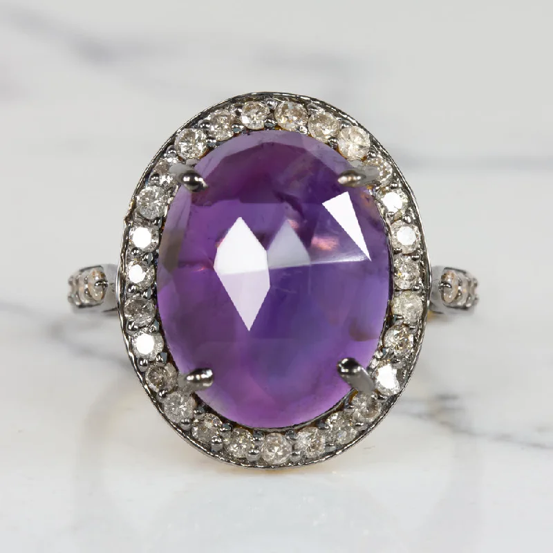 Women’s minimalistic engagement rings-NATURAL AMETHYST DIAMOND COCKTAIL RING PURPLE OVAL SHAPE ROSE CUT HALO STATEMENT