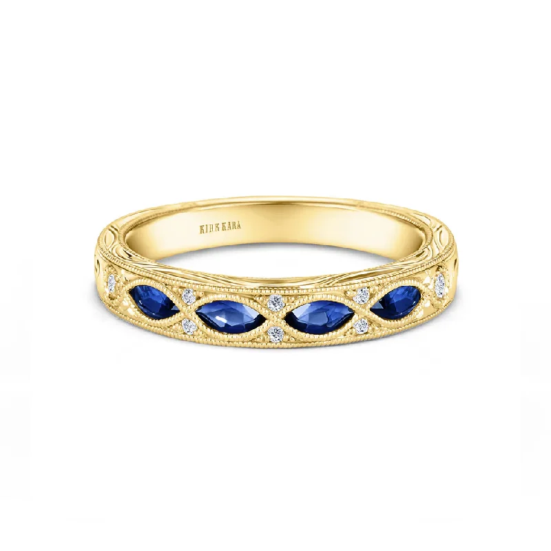 Women’s gemstone engagement rings-Dahlia 0.09ct Diamond and Sapphire Engraved Band in 14K Yellow Gold, Size 6