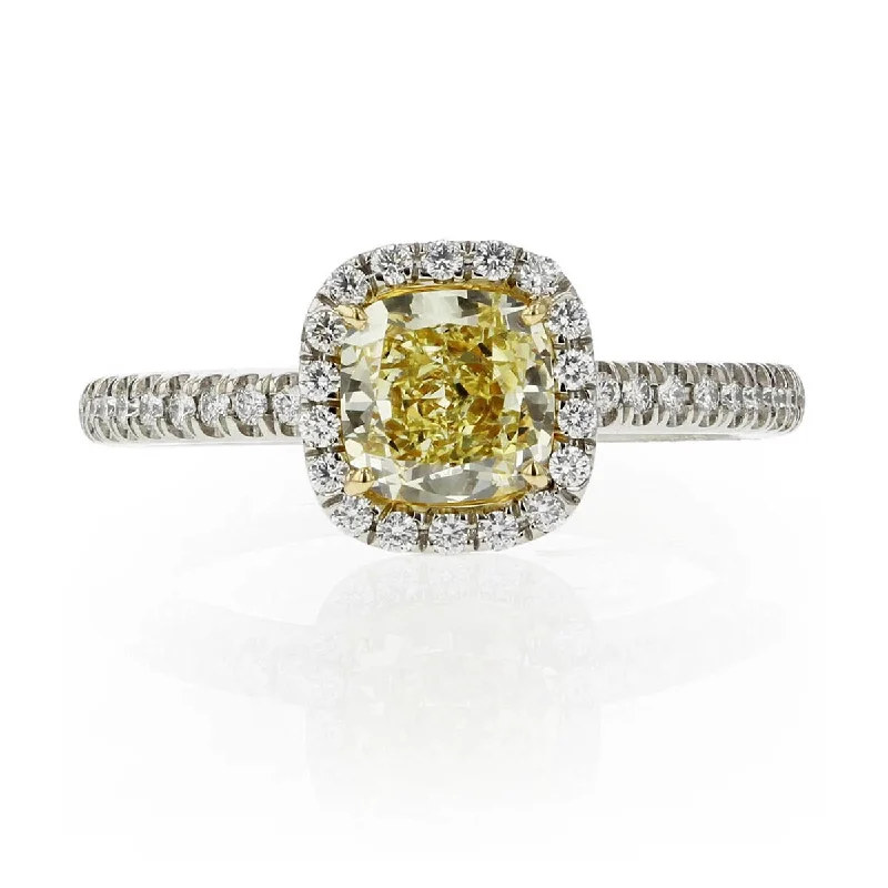 Women’s engagement rings with a twist-Fancy Yellow Cushion-cut Diamond Halo Ring