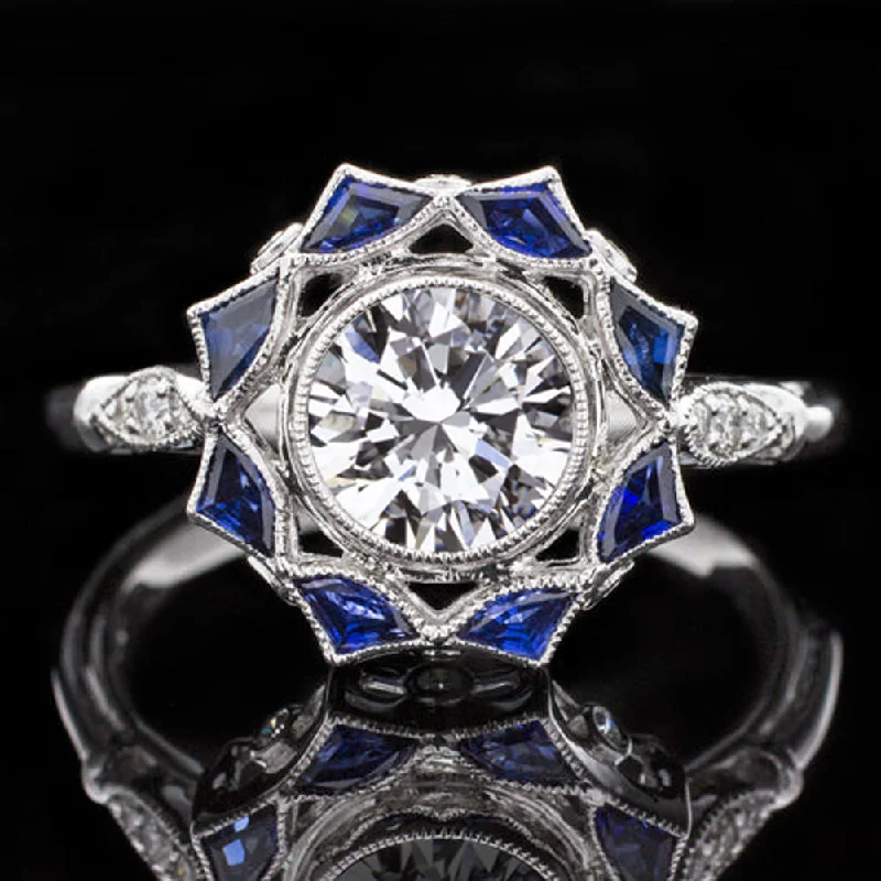 Women’s custom halo engagement rings-1ct DIAMOND SAPPHIRE COCKTAIL RING VINTAGE STYLE GIA CERTIFIED D SI2 ART DECO