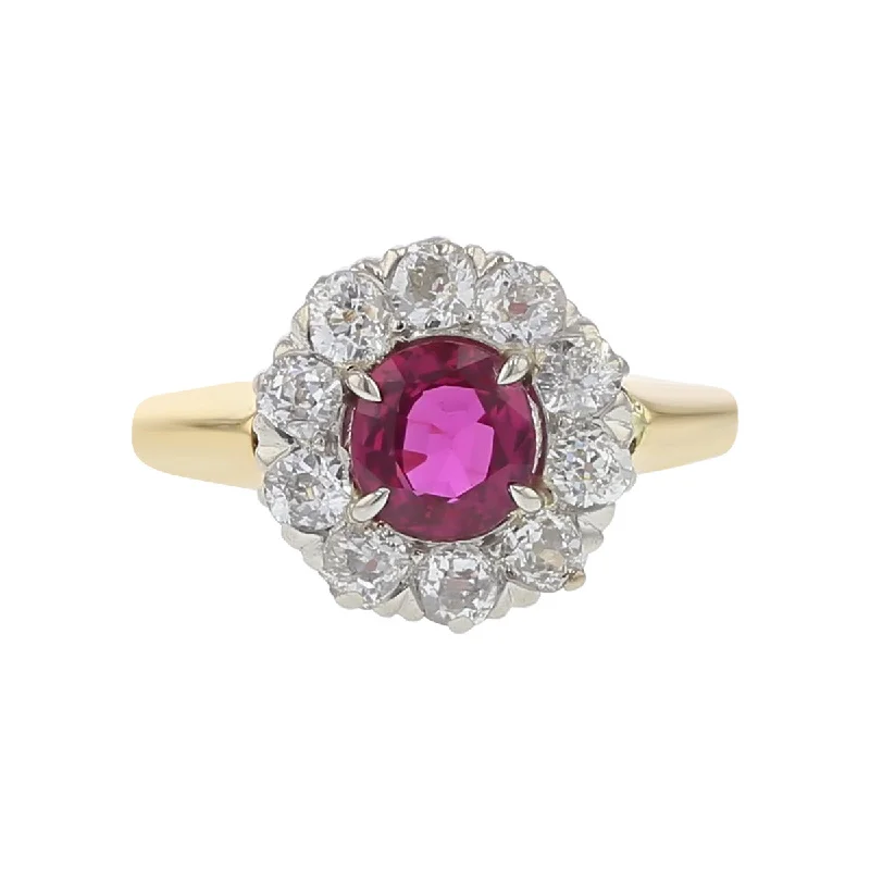 Women’s emerald engagement rings-Edwardian Ruby and Diamond Halo Ring in Platinum and 18K Yellow Gold