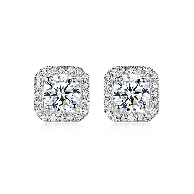 Women’s pearl stud earrings-1 Carat Square Diamond Halo Earrings | S925 | Moissanite