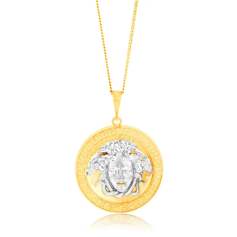 Women’s luxury gold necklaces-9ct Yellow & White Gold Medusa Greek Key Round Diamond Cut Pendant