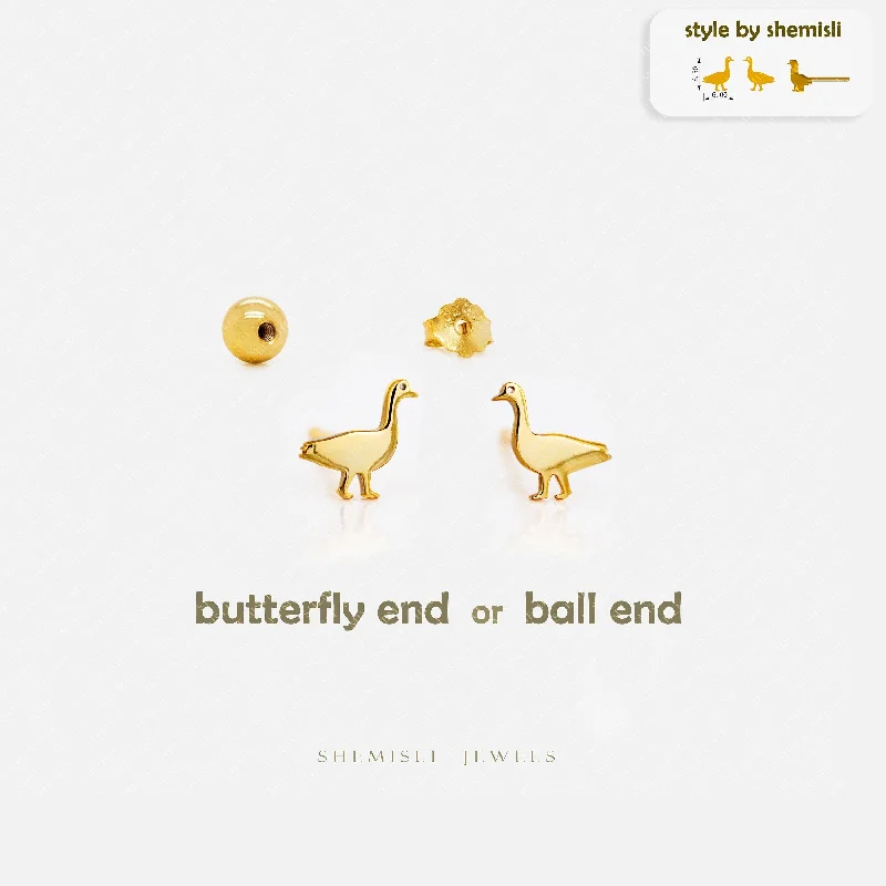 Women’s cute stud earrings-Tiny Duck, Goose, Bird Studs Earrings, Unisex, Gold, Silver SHEMISLI SS879 Butterfly End, SS880 Screw Ball End (Type A) LR