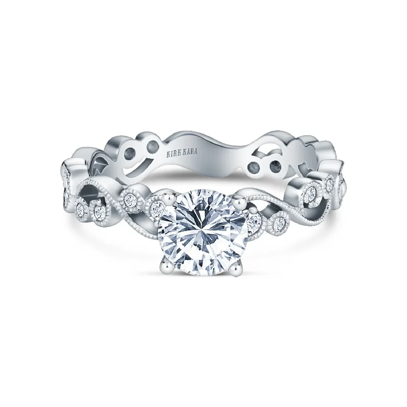 Women’s elegant round engagement rings-Angelique Diamond Semi-Mount Ring in 14K White Gold for Round Center, Size 6.5