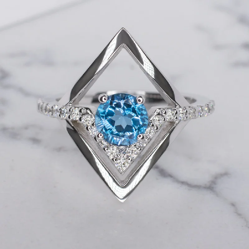 Women’s gemstone engagement rings-NATURAL DIAMOND SWISS TOPAZ COCKTAIL RING MODERN PAVE GEOMETRIC TEAL WHITE GOLD