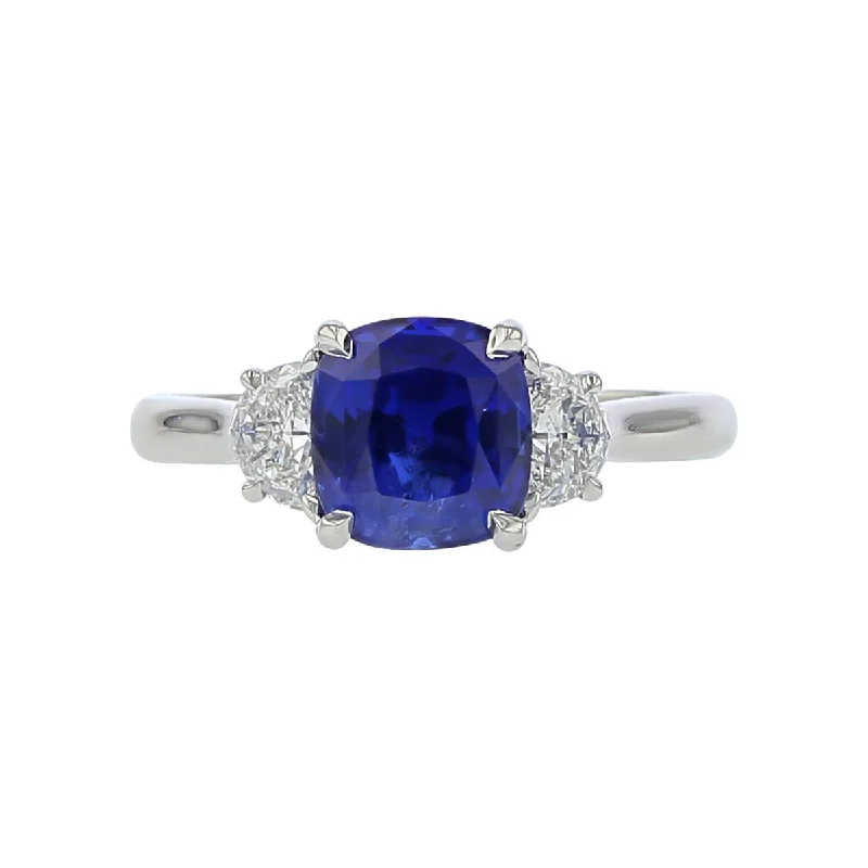 Women’s wedding and engagement rings-Cushion-cut Ceylon Sapphire and Half Moon Diamond 3-Stone Ring