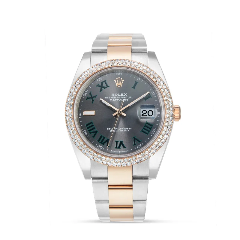 Women’s large diamond engagement rings-Rolex DateJust 41mm Wimbledon with Diamond bezel