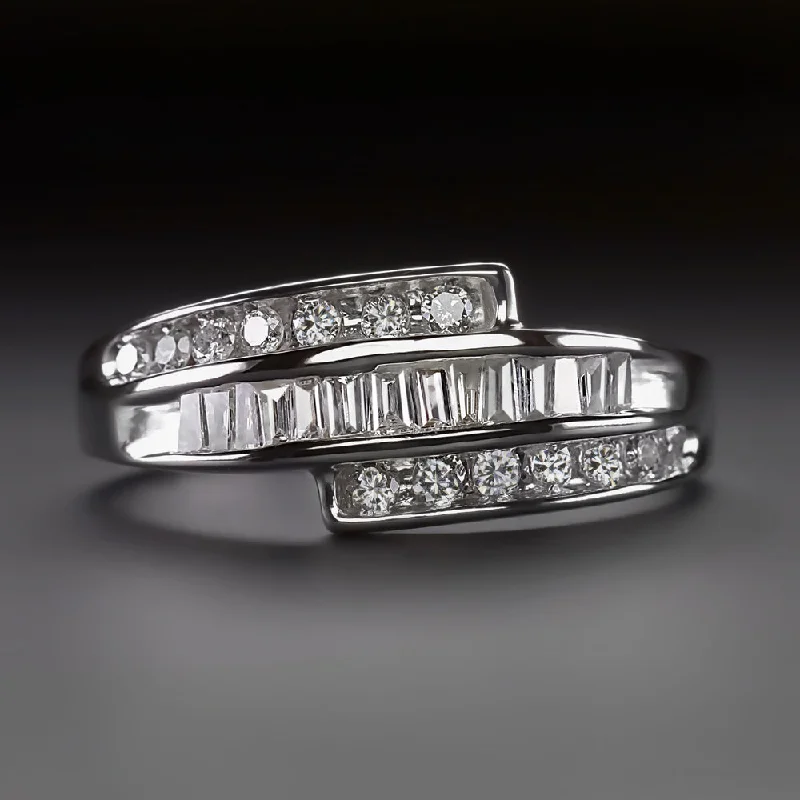 Women’s Art Deco engagement rings-1/2ct DIAMOND COCKTAIL BAND BYPASS 3 ROW RING NATURAL WHITE GOLD BAGUETTE ROUND