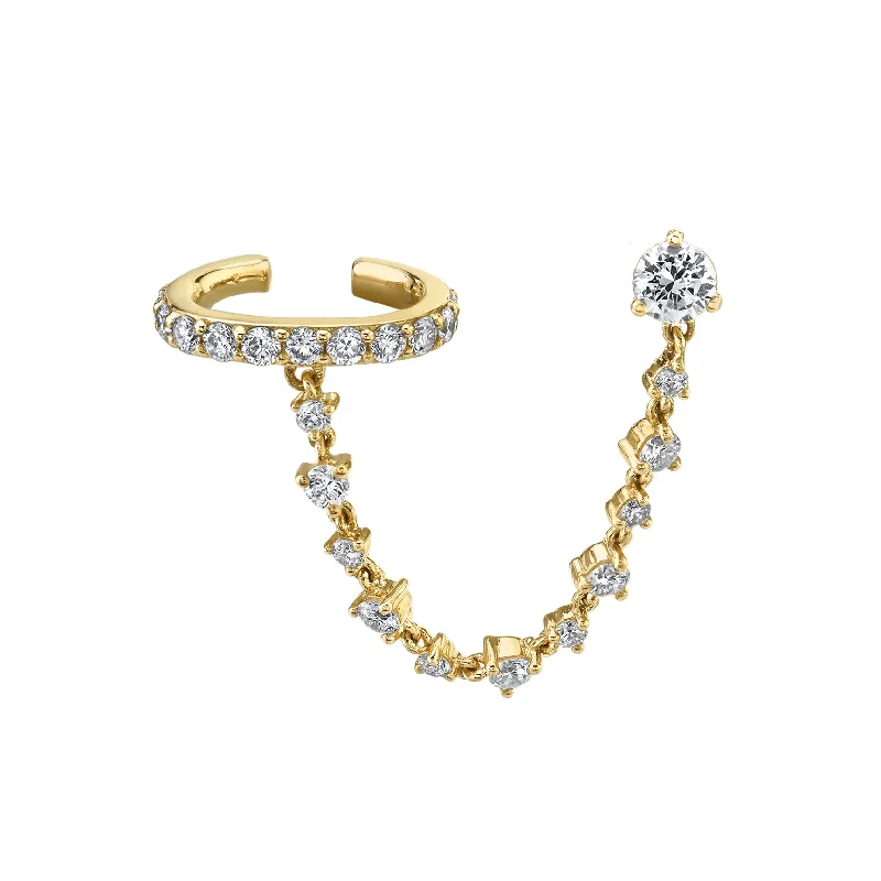 Women’s gold stud earrings-Connected Stud and Cuff Tennis Chain Earring - White Diamond / 14k Yellow Gold