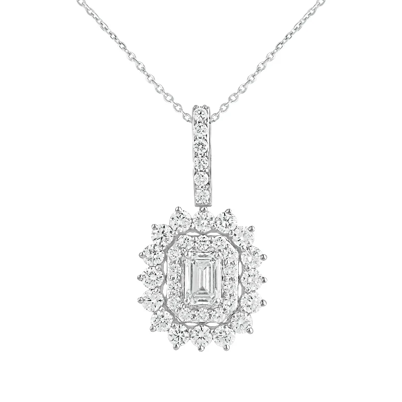 Women’s modern chain necklaces-Double Halo Emerald Diamond Pendant