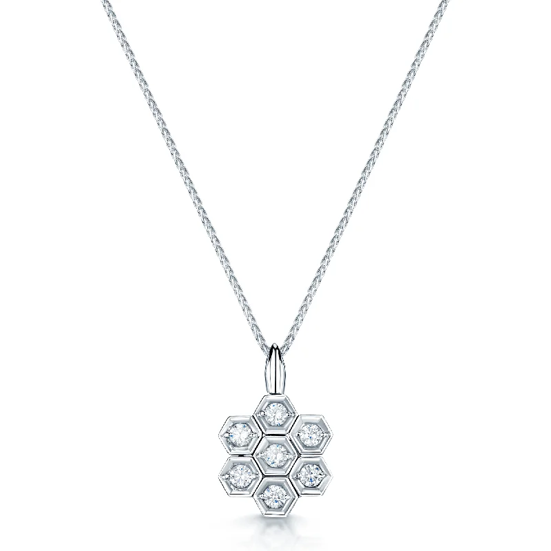 Women’s gold heart necklaces-18ct White Gold Round Brilliant Cut Hexagon Style Diamond Pendant