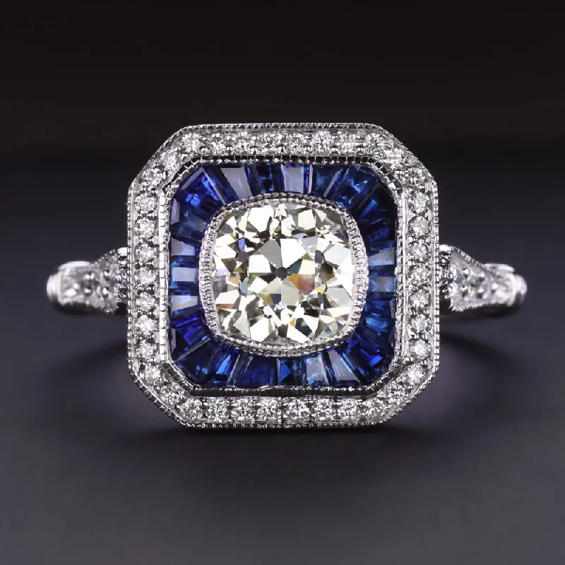 Women’s gemstone engagement rings-OLD MINE CUT DIAMOND SAPPHIRE COCKTAIL RING DOUBLE HALO VINTAGE STYLE WHITE GOLD