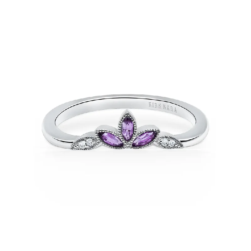 Women’s rose gold engagement rings-Dahlia 0.02ct Diamond and Amethyst Contoured Band in 14K White gold, Size 6.5