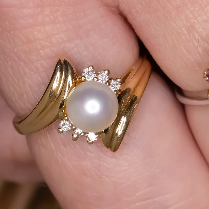 Women’s engagement rings with side stones-PEARL DIAMOND COCKTAIL RING 14k YELLOW GOLD ESTATE NATURAL BYPASS ANNIVERSARY