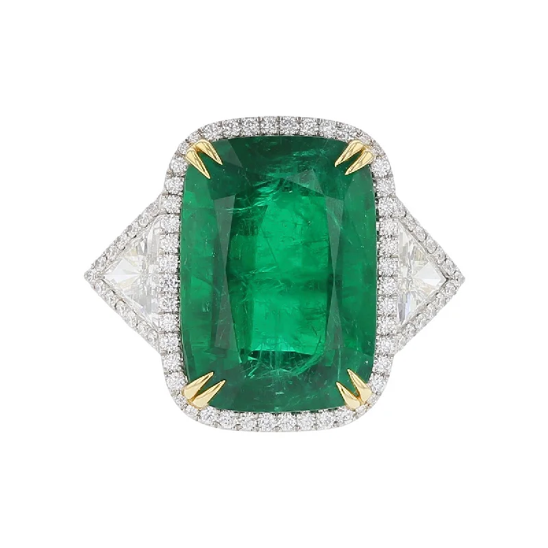 Women’s Art Deco engagement rings-Cushion-cut Emerald and Diamond 3-Stone Ring