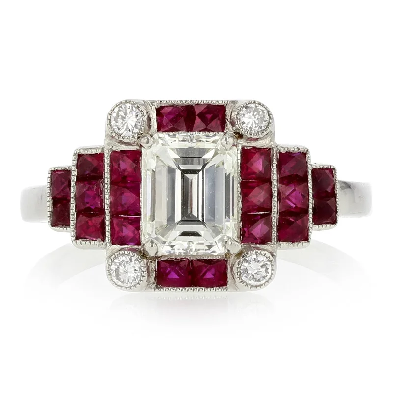 Women’s affordable diamond engagement rings-PLATINUM 1 EMERALD CUT DIAMOND=1.18CT 22 RUBIES=1.82CT AND 4 FULL CUT=0.18CT RING