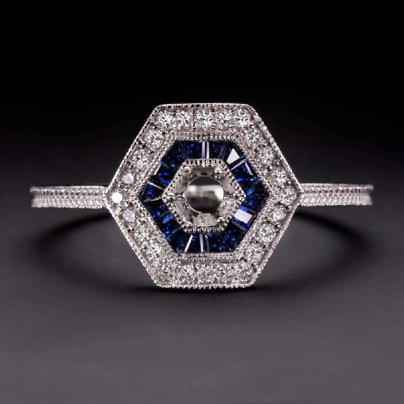 Women’s yellow gold engagement rings-DIAMOND SAPPHIRE VINTAGE STYLE RING SETTING ROUND 4m ART DECO SEMI MOUNT CALIBRE