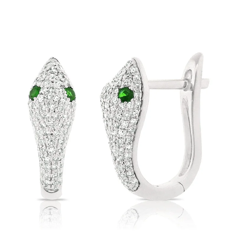 Women’s gold earrings-14k Gold Tsavorite & Diamond Snake Huggie Earrings