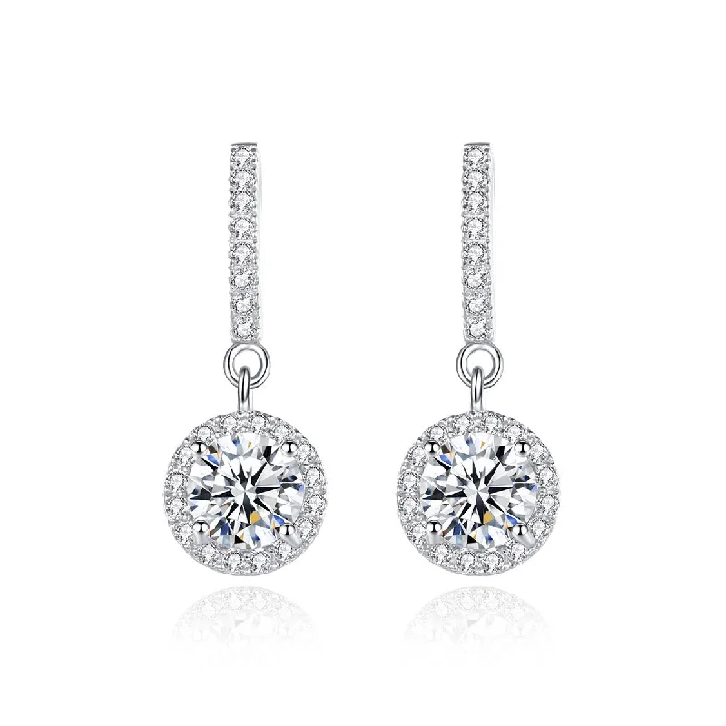 Women’s silver dangly earrings-1 Carat Moissanite Halo Drop Earrings in 925 Sterling Silver