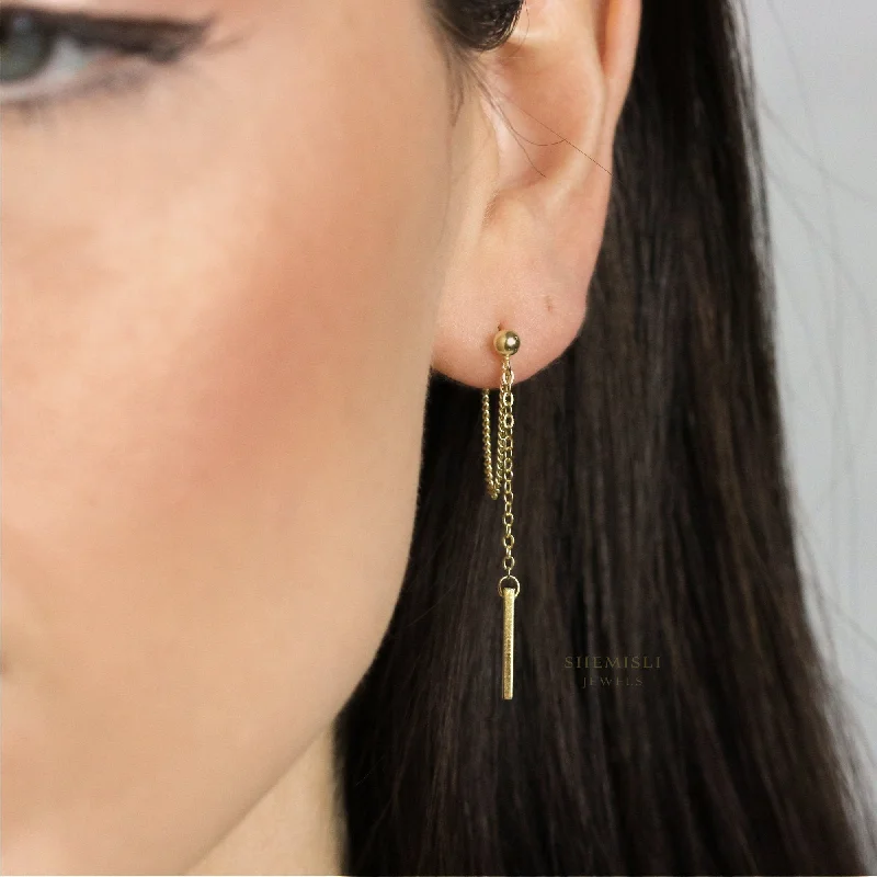 Women’s fine jewelry earrings-Bar Dangle Chain Studs Earrings, Unisex, Gold, Silver SHEMISLI SS199