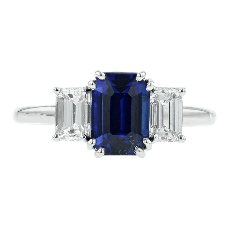 Women’s high-end engagement rings-Platinum Emerald-Cut Sapphire Diamond Three Stone Ring