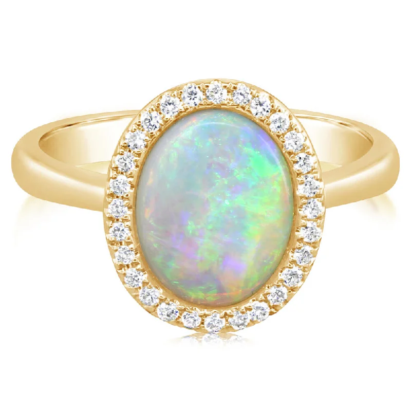 Women’s personalized engagement rings-1.06Ct Oval Australian Opal and 0.16Ct Diamond Halo Ring in 18k Yellow Gold, Size 7