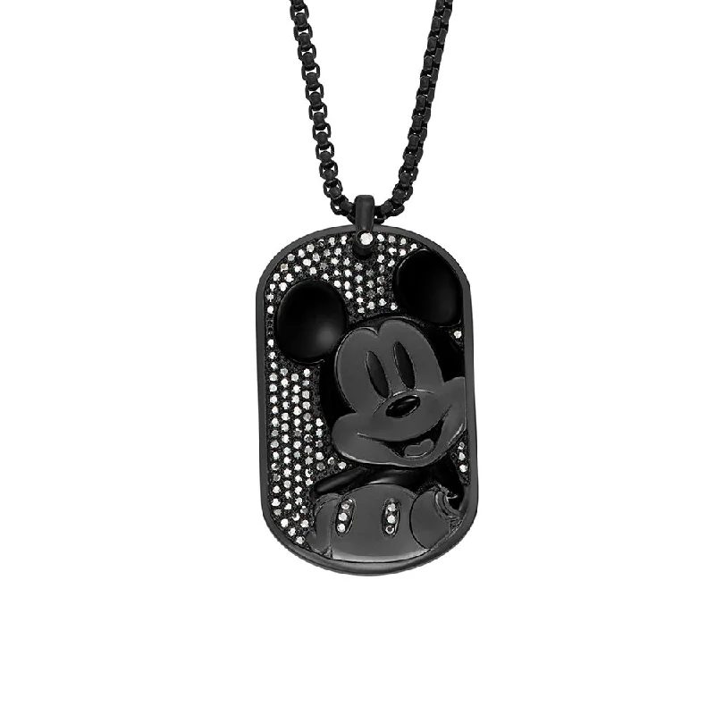 Women’s moon necklace-Disney Mickey Mouse Black Tone Stainless Steel Dog Tag Pendant On Chain 100th Disney Anniversary