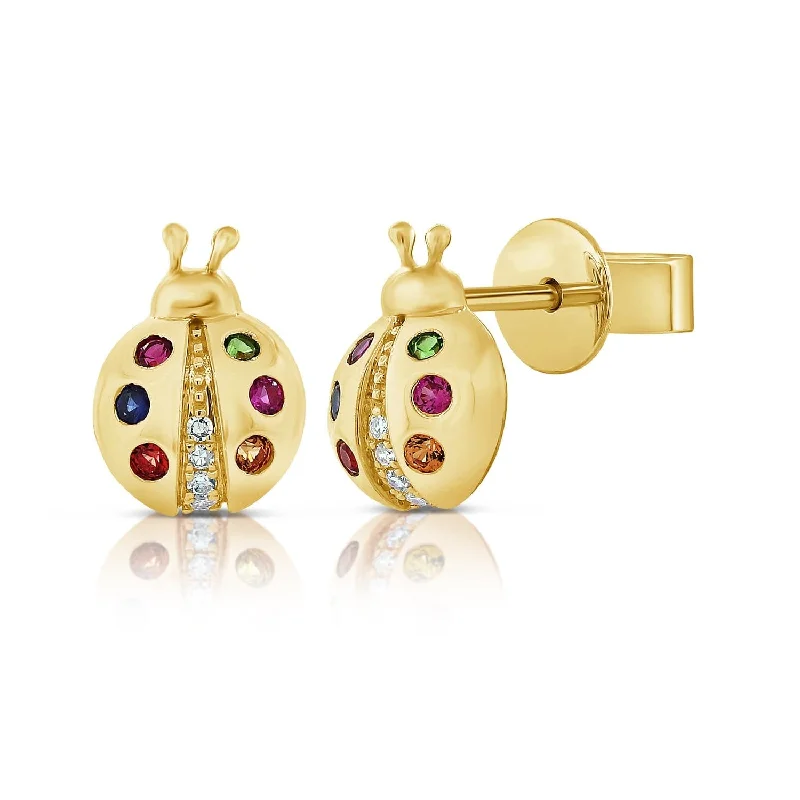 Women’s minimalistic earrings-14k Gold Diamond & Sapphire Ladybug Stud Earrings