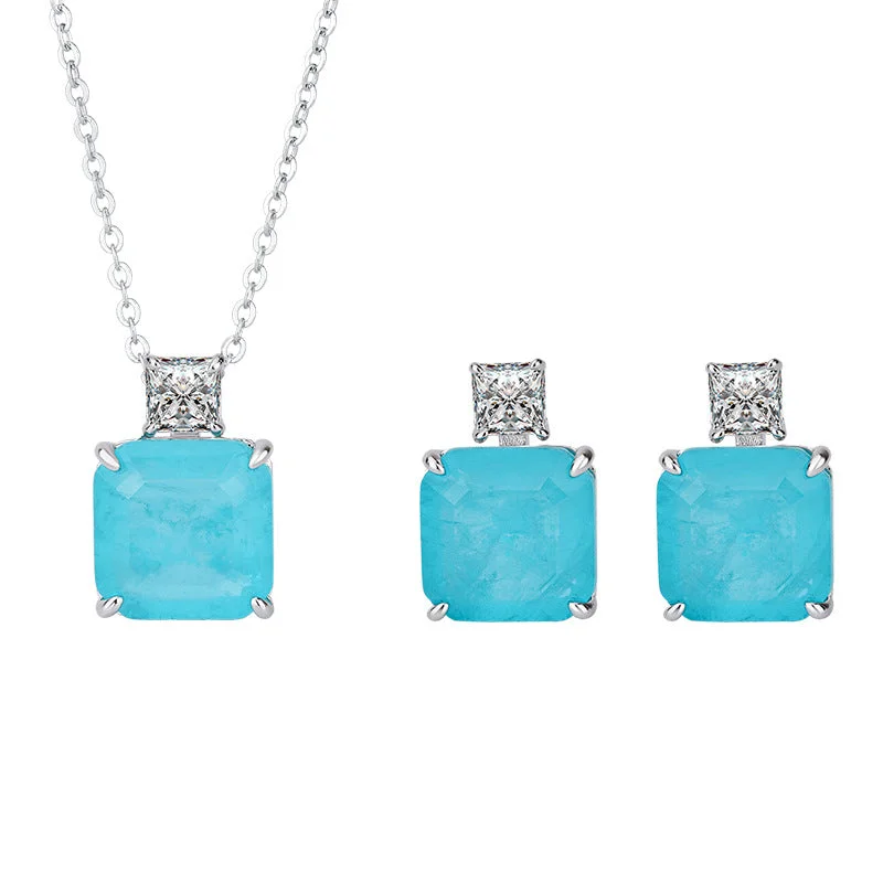 Women’s gold earrings-Paraiba Tourmaline Necklace Earrings Set in 925 Sterling Silver