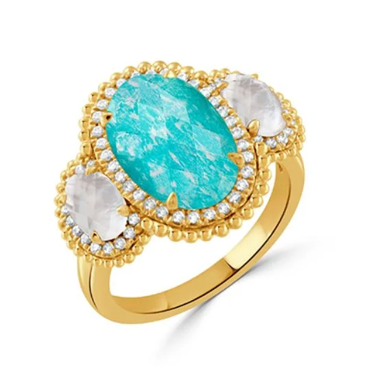 Women’s high-end engagement rings-Justinian 0.52Ct Diamond, 2.74Ct Quartz and Amazonite Doublet and 2.46Ct Quartz and Mother of Pearl Doublet 3-Stone Halo Ring in 18k Yellow Gold, Size 6.5