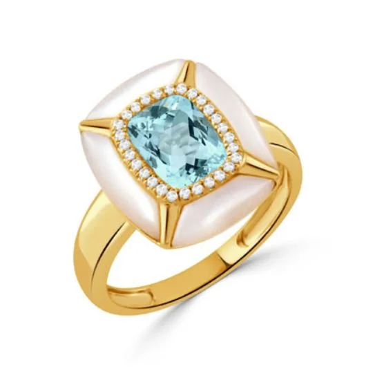 Women’s vintage diamond engagement rings-Mykonos 1.65Ct Blue Topaz, 0.09Ct Diamond and Mother of Pearl Halo Ring in 18k Yellow Gold, Size 6.5