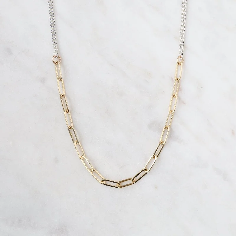 Women’s fashion layering necklaces-Sterling Silver Curb Chain with Gold Filled Paperclip Chain Center