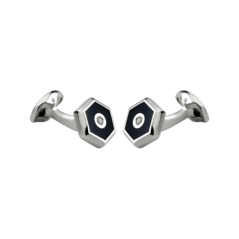 Women’s alternative gemstone engagement rings-Sterling Silver Onyx and Diamond Hexagonal Cufflinks