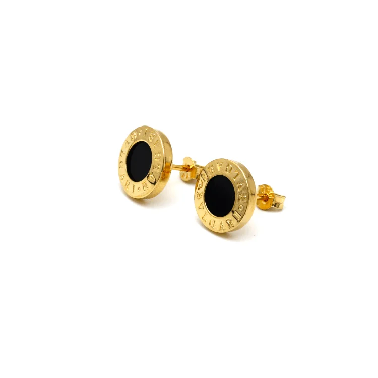 Women’s minimalistic earrings-Real Gold GZBV Round Black Luxury Earring Set 0060/1PK E1782