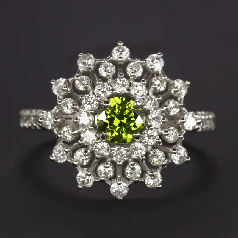 Women’s custom halo engagement rings-DEMANTOID GARNET DIAMOND COCKTAIL RING PLATINUM BALLERINA CLUSTER GREEN NATURAL