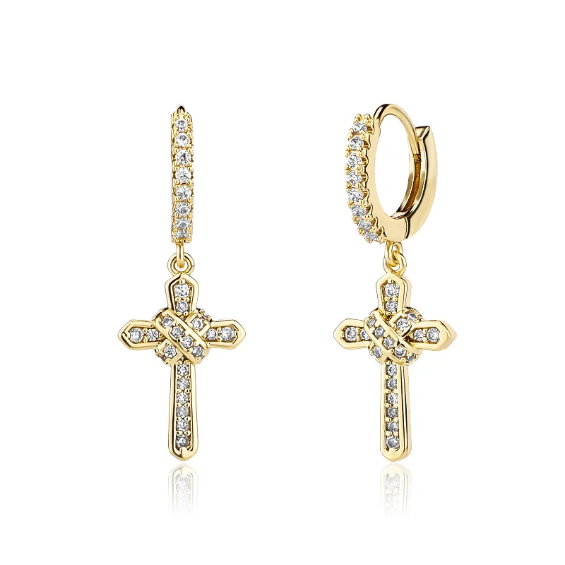 Women’s pearl drop earrings-Cross Hoop Earrings | CZ